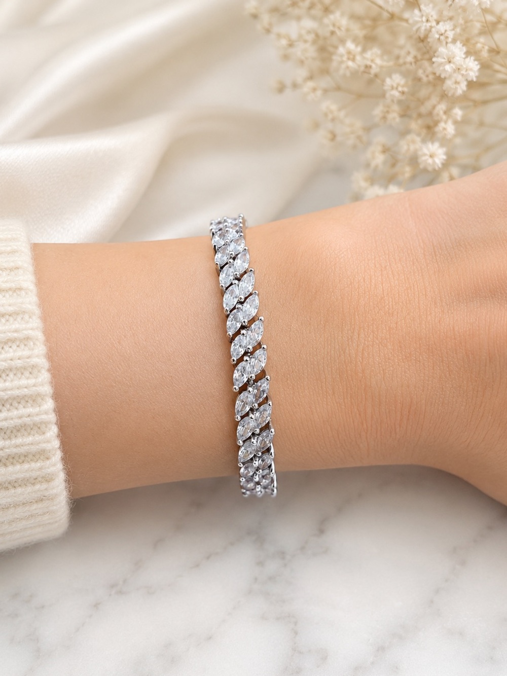 Silver Tone Marquise Cut Crystal Bracelet Sparkly Tennis Bracelet